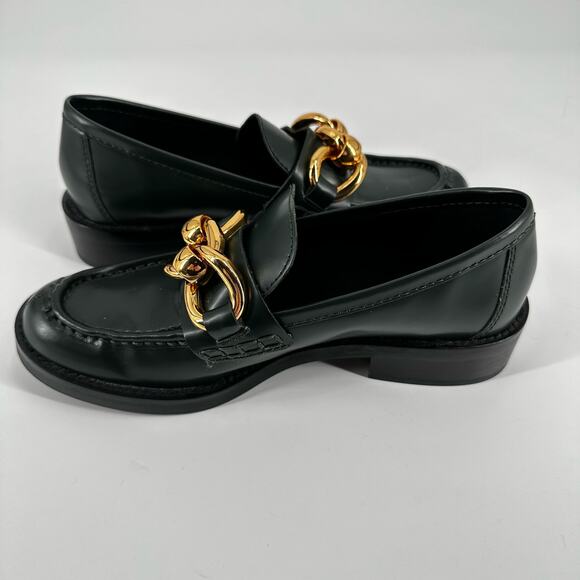 Uterque Women’s Green Leather Loafers Gold Chain Size 37 - Picture 3 of 8